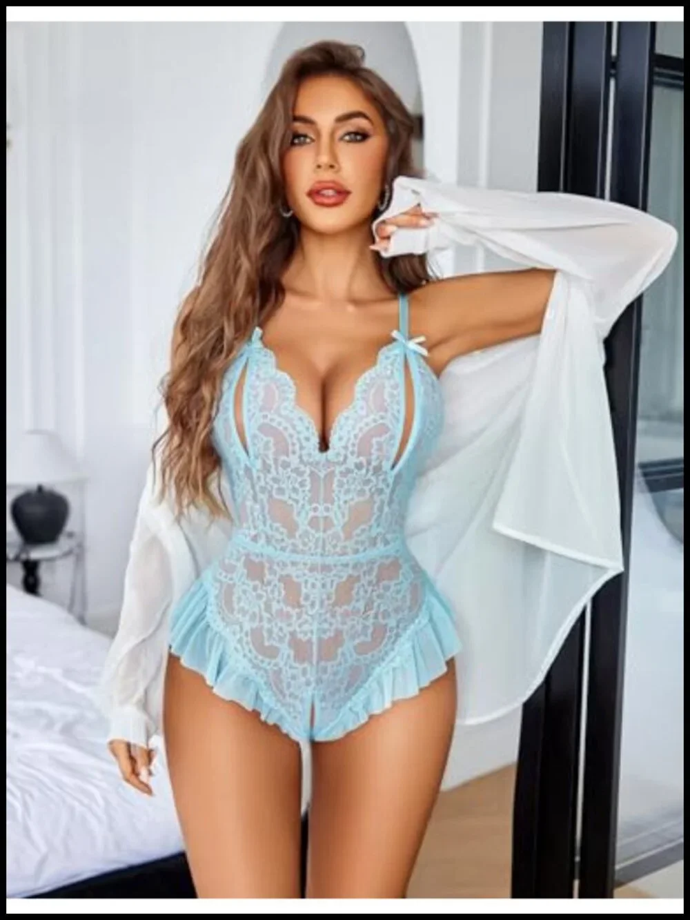 Lace Mesh Teddy Bodysuit One Piece Cut Out Lingerie V Neck Wireless Cups